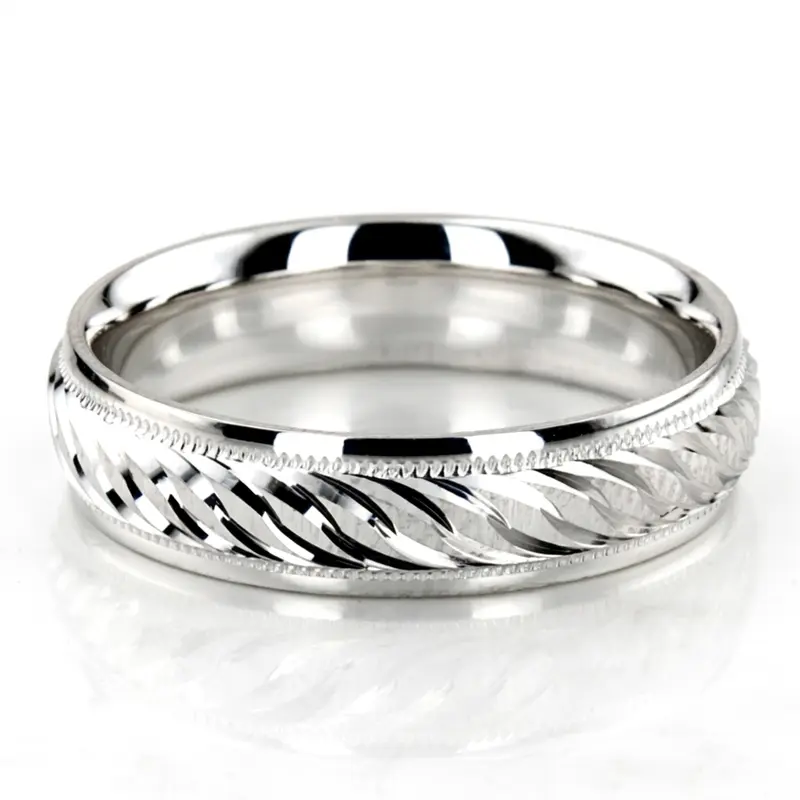 10K white gold 5mm. cross satin fancy-carved-diamond-cut-wedding-band - alternate view 5