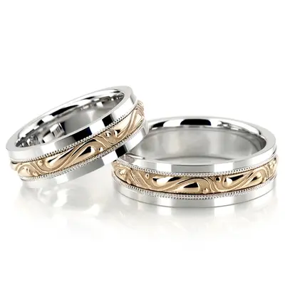 Hand Engraved Center Motif Wedding Rings Set - view 1 of 4