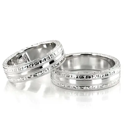 Custom Hand Engraved Shiny Wedding Ring Set - view 2 of 3