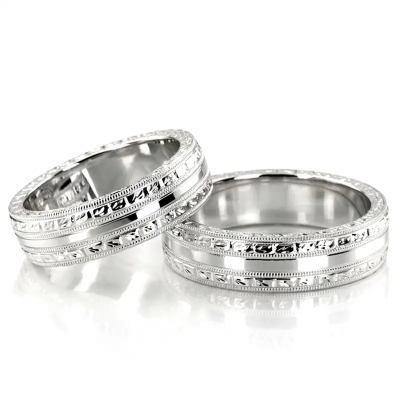 10K hand-engraved-fancy-carved-wedding-band-set - alternate view 2