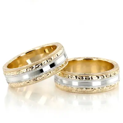 Custom Hand Engraved Shiny Wedding Ring Set - view 1 of 3