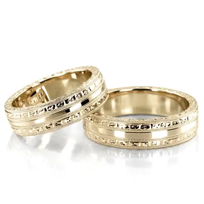 Custom Hand Engraved Shiny Wedding Ring Set - view 3 of 3