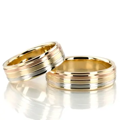 Grooved Tri-Color Fancy Designer Wedding Ring Set - view 1 of 3