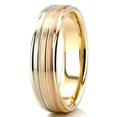 Grooved Tri-Color Fancy Designer Wedding Ring Set - view 2 of 3