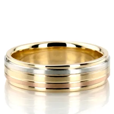 Grooved Tri-Color Fancy Designer Wedding Ring Set - view 3 of 3