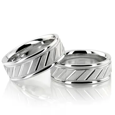 Diagonal Cut Milgrain Diamond Carved Wedding Band Set - view 1 of 3