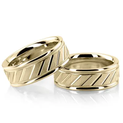 Diagonal Cut Milgrain Diamond Carved Wedding Band Set - view 2 of 3