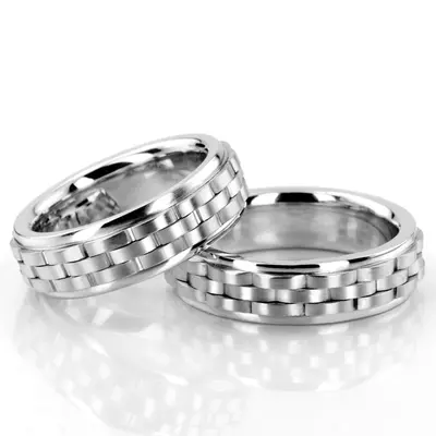 Contemporary Rolex Style Fancy Carved Wedding Ring Set - view 2 of 3