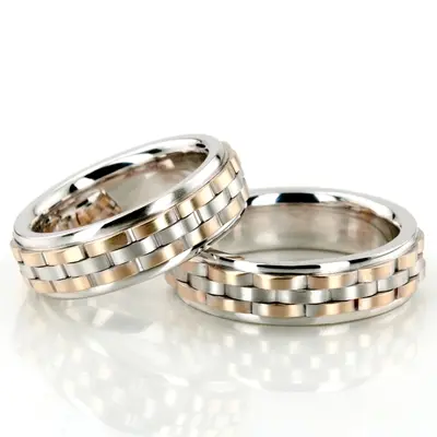Contemporary Rolex Style Fancy Carved Wedding Ring Set - view 1 of 3