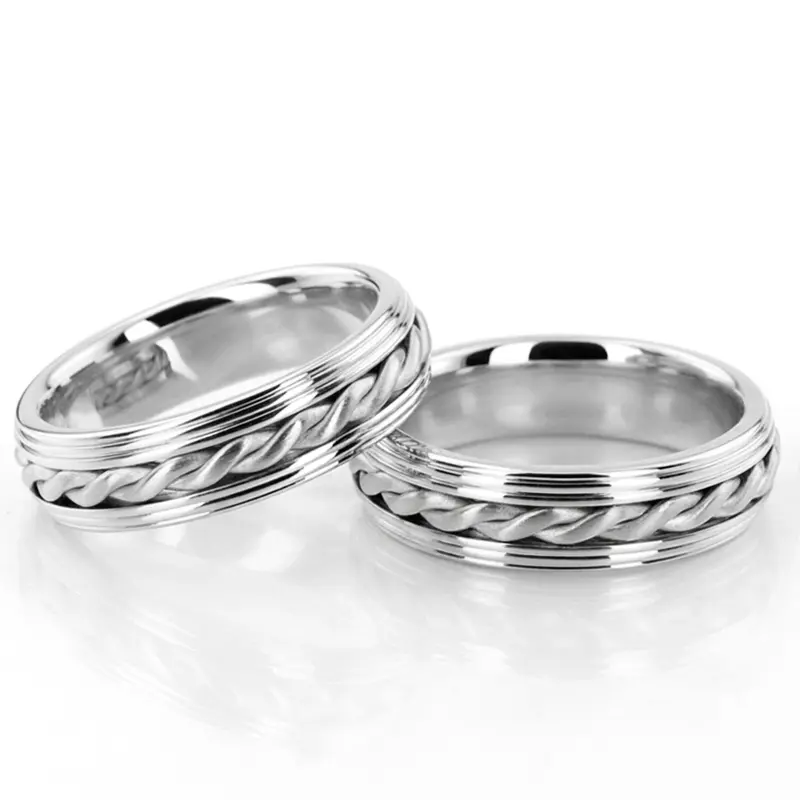 14K Custom-Triple-step-Edge-Handmade-Wedding-Ring-Set - alternate view 2