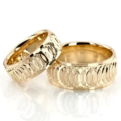 Circular Pattern Carved Matching Wedding Bands Set - view 3 of 4
