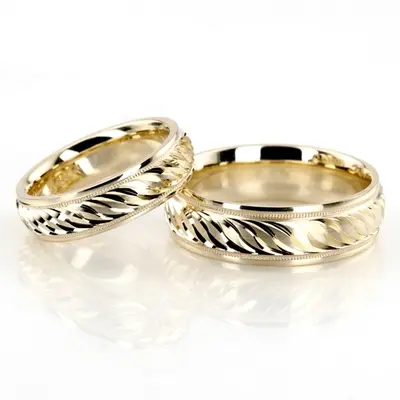 Attractive Brush Finish Fancy Carved Wedding Band Set - view 1 of 3