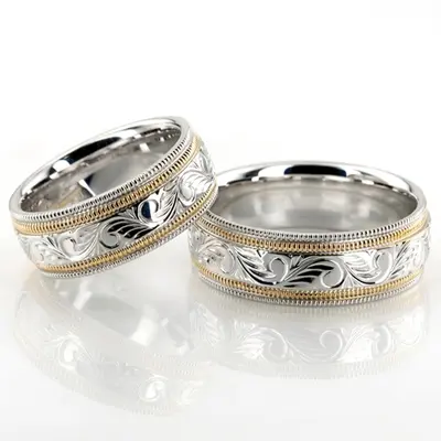 Bestseller Hand Engraved Fancy Wedding Band Set - view 2 of 3