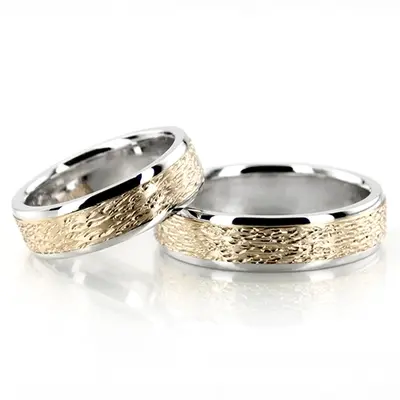 Two-Tone Rough Step Edge Wedding Ring Set - view 1 of 5