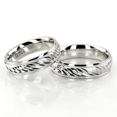 Attractive Brush Finish Fancy Carved Wedding Band Set - view 3 of 3