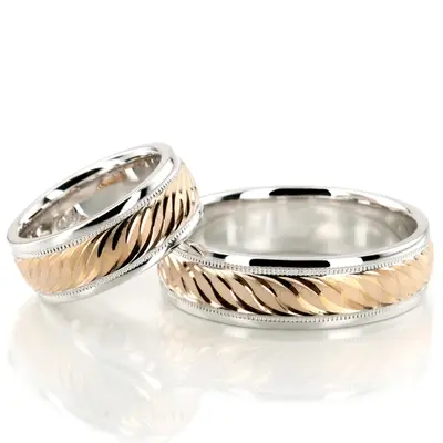 Attractive Brush Finish Fancy Carved Wedding Band Set - view 2 of 3
