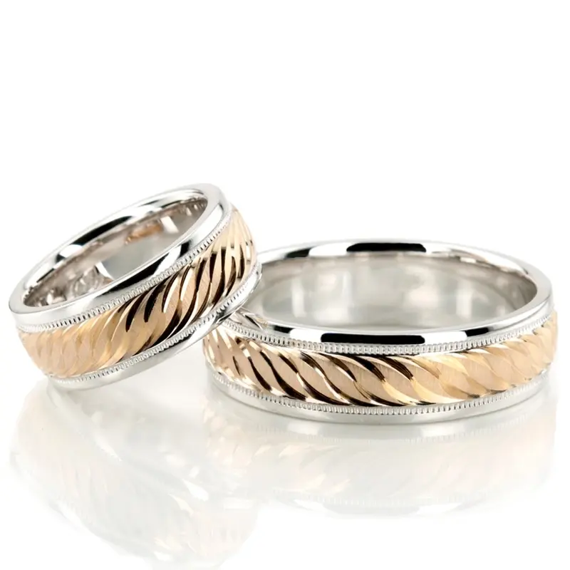 10K Sleek-Brush-Finish-Fancy-Carved-Wedding-Band-Set - alternate view 2