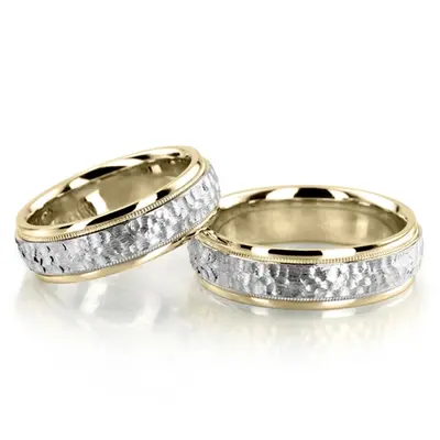 Fine Two-Tone Hammer Finish Wedding Band Set - view 2 of 3