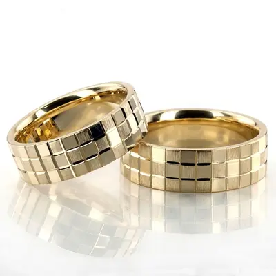 Square Cut Carved Design Wedding Ring Set - view 1 of 2