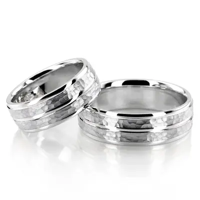 Hammered Basic Carved Wedding Band Set - view 3 of 4