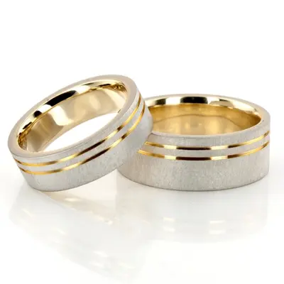 Modern Parallel Cut Two-Tone Wedding Ring Set - view 1 of 3