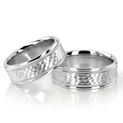 Traditional Hammer Basic Carved Wedding Ring Set - view 4 of 4