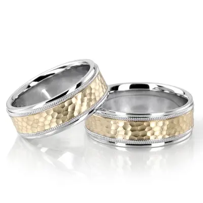 Traditional Hammer Basic Carved Wedding Ring Set - view 1 of 4