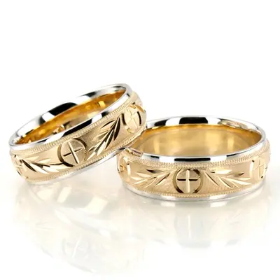 Religious Leaf Design Wedding Band set - view 2 of 4