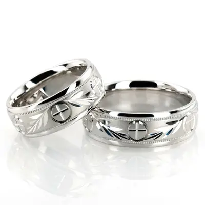 Religious Leaf Design Wedding Band set - view 3 of 4
