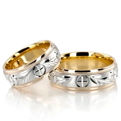Religious Leaf Design Wedding Band set - view 1 of 4