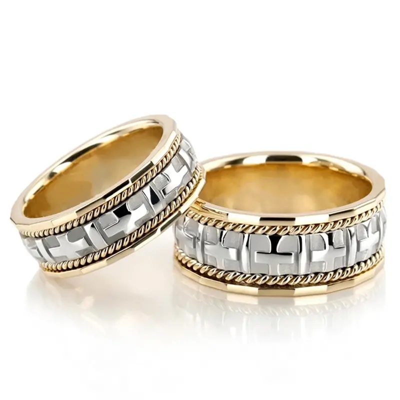 14K cross-handmade-wedding-band-set - main view