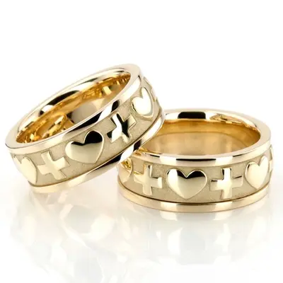 Cross & Heart Christian Wedding Ring Set - view 1 of 3