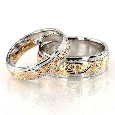 Elegant Hand Engraved Fancy Designer Wedding Band Set - view 2 of 4