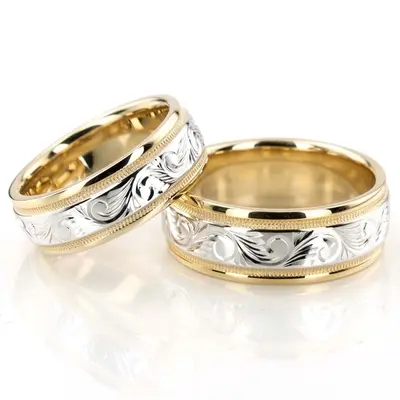 Elegant Hand Engraved Fancy Designer Wedding Band Set - view 1 of 4