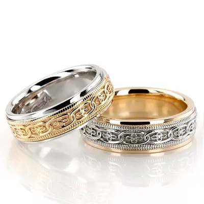 Classic Floral Carved Celtic Wedding Ring Set - view 3 of 4