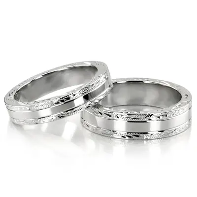 Hand-Engraved Floral Design Matching Wedding Rings - view 4 of 5
