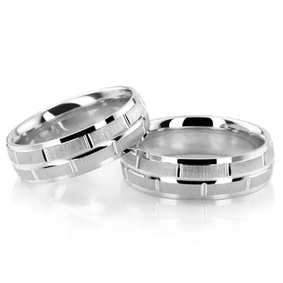 Modern Rectangular Cut Carved Design Wedding Ring Set - view 2 of 5