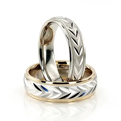 Leaf Design Two-Color Diamond Cut Wedding Ring Set - view 5 of 5