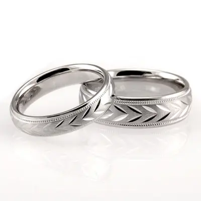 Leaf Design Two-Color Diamond Cut Wedding Ring Set - view 2 of 5