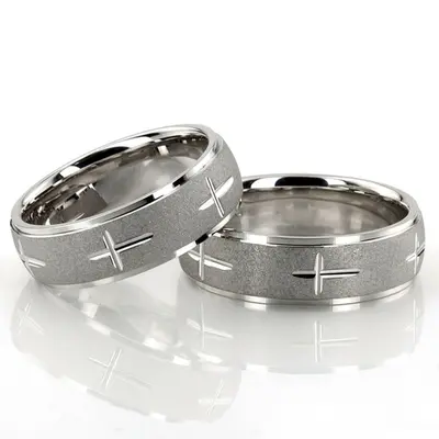 Exquisite Cross Carved Design Wedding Ring Set - view 5 of 6