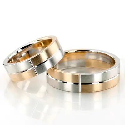 Symmetrical Two-Color Carved Design Wedding Band Set - view 1 of 3