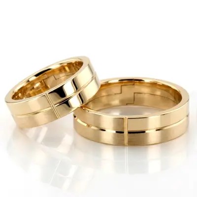 Symmetrical Two-Color Carved Design Wedding Band Set - view 2 of 3
