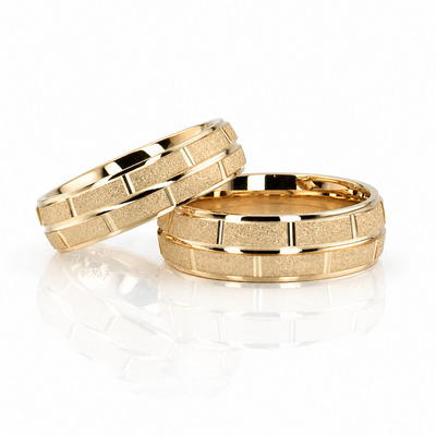 Modern Rectangular Cut Carved Design Wedding Ring Set - view 4 of 5