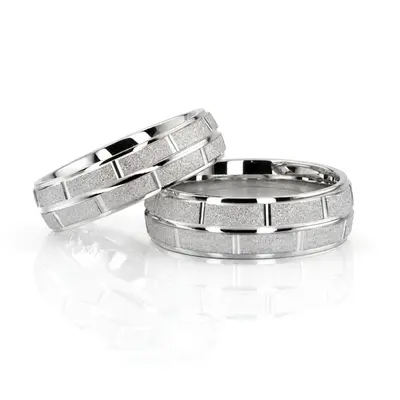 Modern Rectangular Cut Carved Design Wedding Ring Set - view 5 of 5