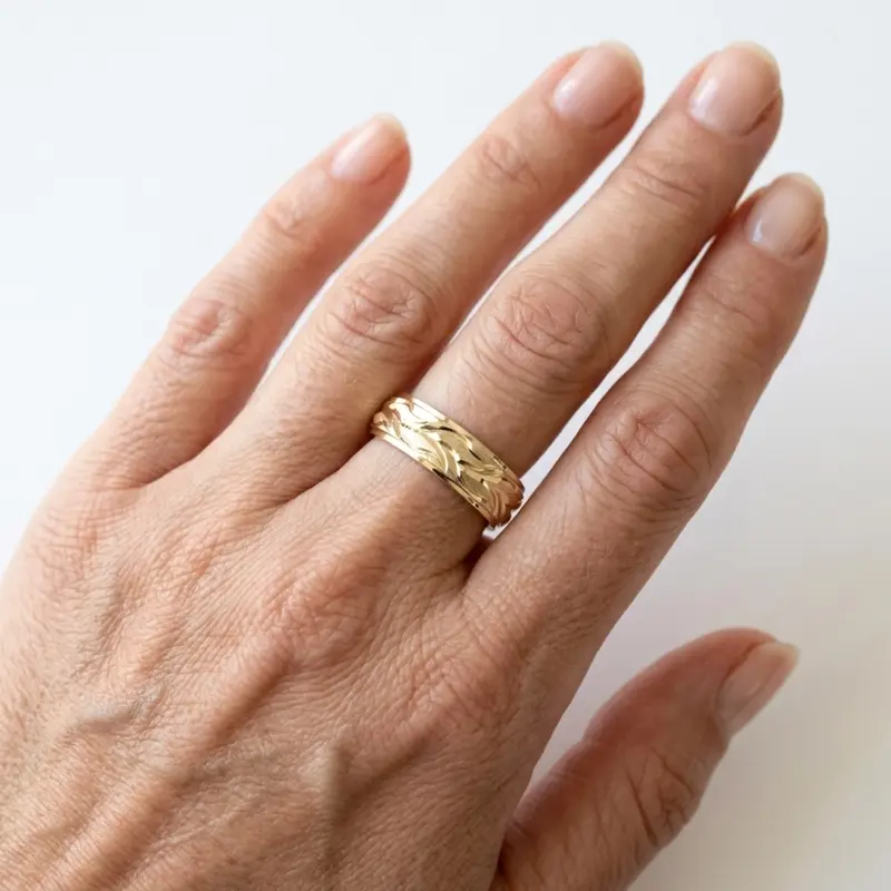 14K yellow gold 6mm. satin Floral-Carved-Fancy-Wedding-Ring - alternate view 2