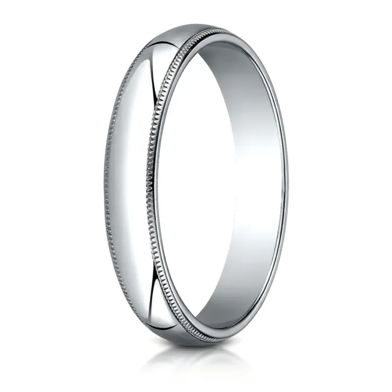 14K white gold 4mm. high polish Benchmark-Plain-Half-Round-Milgrain-Wedding-Band - alternate view 2