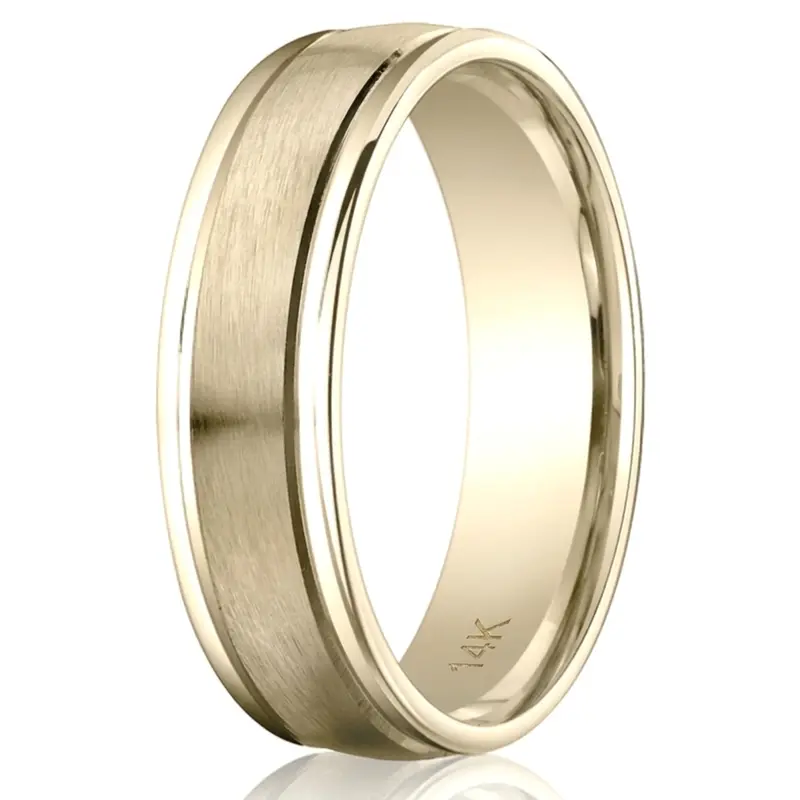 14K yellow gold 6mm. satin 6mm-High-Polished-Round-Edge-Carved-Design-Band - main view