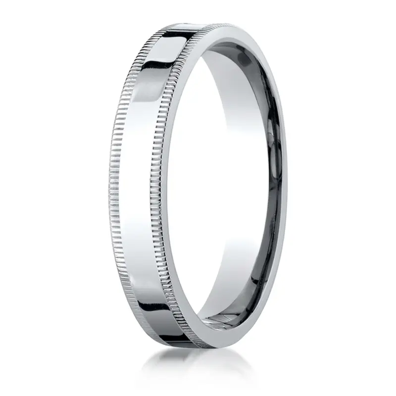 14K white gold 4mm. high polish Benchmark-Plain-Flat-Milgrain-Comfort-Fit-Wedding- - alternate view 3