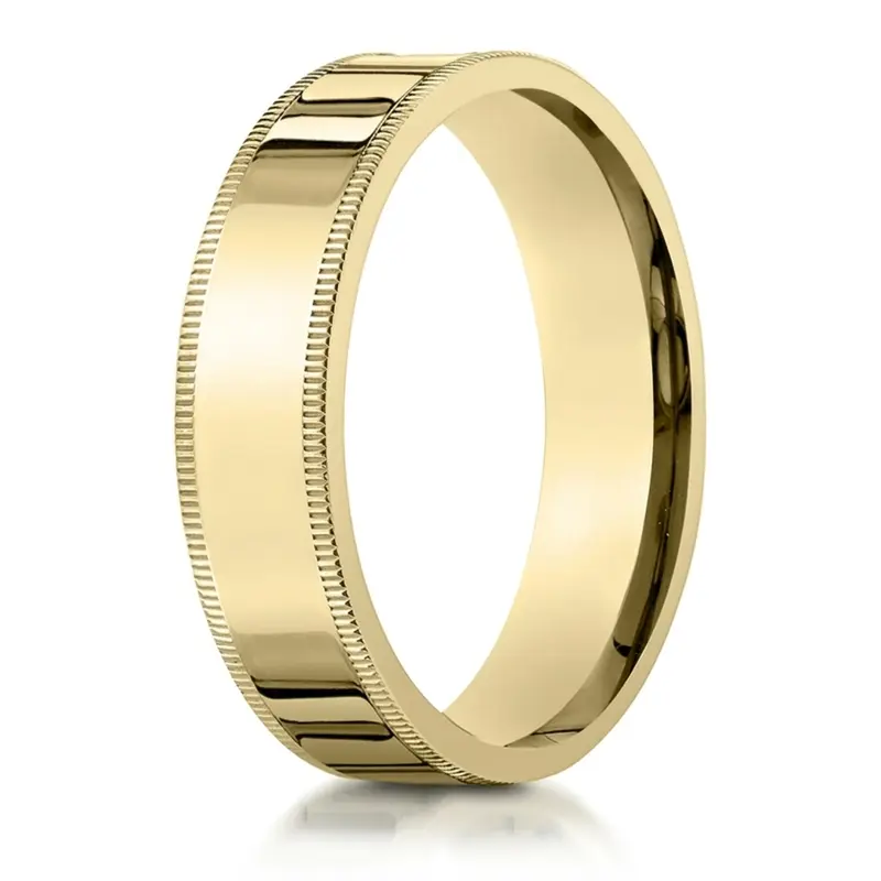 14K all yellow gold 6mm. high polish Benchmark-Plain-Flat-Milgrain-Comfort-Fit-Wedding- - alternate view 2