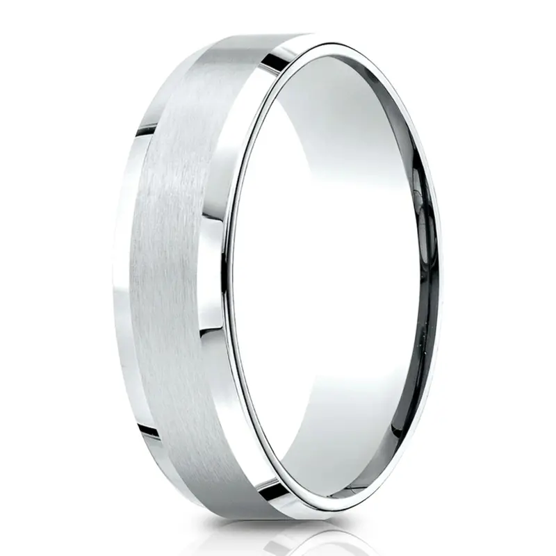 14K white gold 6.5mm satin High-Polished-Beveled-Edge-Carved-Design-Band - alternate view 2